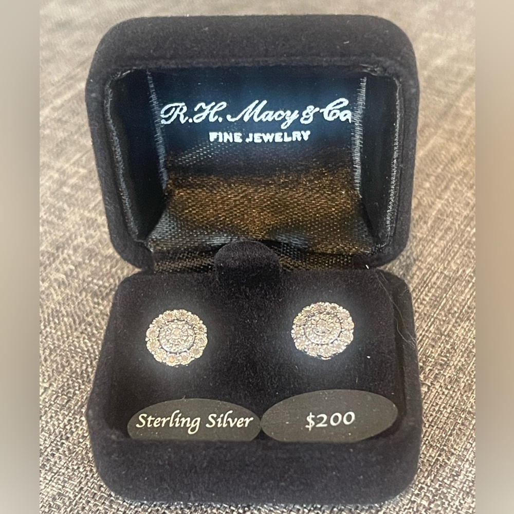 Diamond Halo Cluster Stud Earrings in Sterling Silver 1/10th ct. t.w.